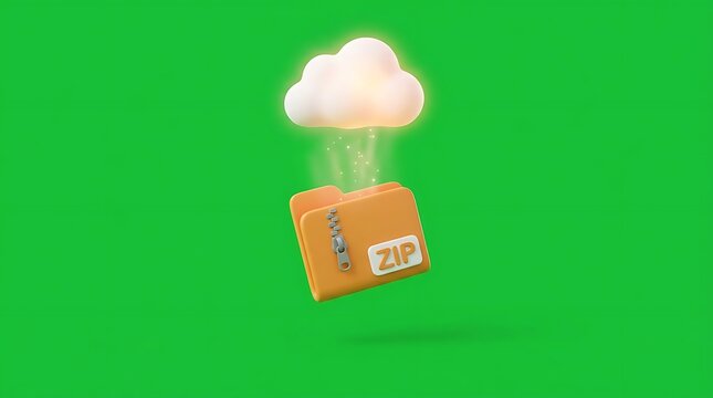 Orange zip file folder and white cloud on green background