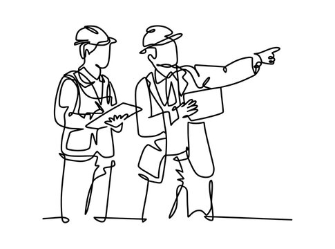 Continuous One Line Drawing of Construction Engineers Wearing Hard Hats Discussion and Pointing Direction Isolated on White Background Suitable for Civil Engineering Architecture Project Banners and I