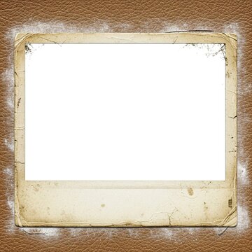 Vintage aged photo frame with worn texture and blank center on leather background.