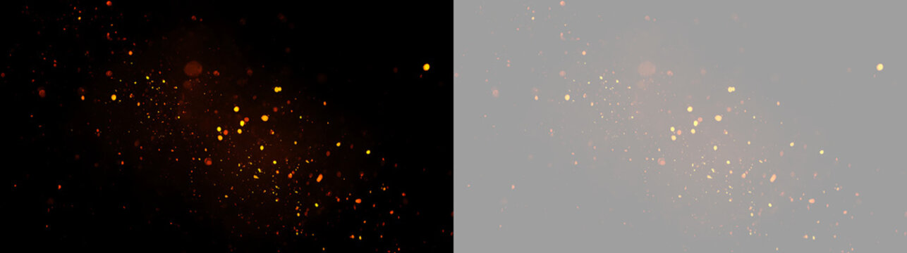 Glowing fire sparks and embers overlay. Isolated orange particles on black and transparent background. Realistic burning dust effect for design