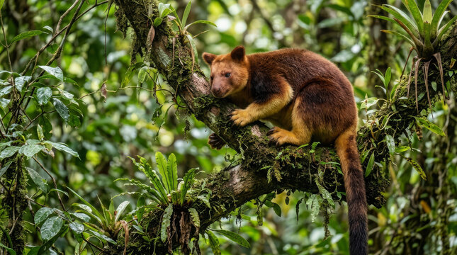 Tree kangaroo resting on a branch. Rare marsupial in its natural tropical rainforest habitat.