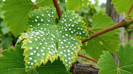 Naklejka premium Green grapevine leaf showing fungal infection with white powdery spots. Macro view of grape foliage affected by plant disease in vineyard. Agriculture issues with mold growth on vine crops. Botanical
