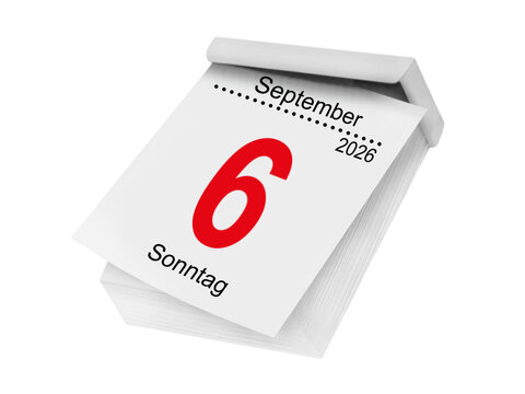 German calendar 2026 September 6  Sunday isolated on white background
