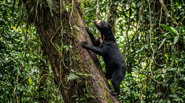 Sun bear climbing a rainforest tree. Wild Malayan bear scaling a trunk in the jungle.