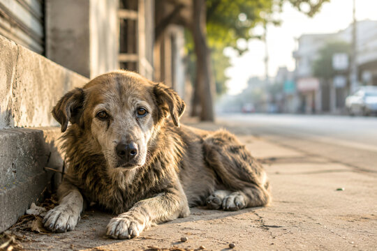 Lonely Stray Dog Lying on Urban Street ,Generative AI