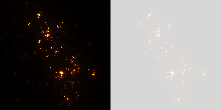 Flying fire sparks and glowing embers overlay on black and transparent background. Bright orange particles and burning ash design element. Abstract heat light effect
