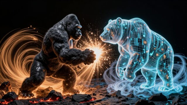 Fierce Battle Between Gorilla and Holographic Bear in Digital Landscape