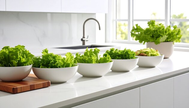 Modern kitchen counter with potted herbs and sink.