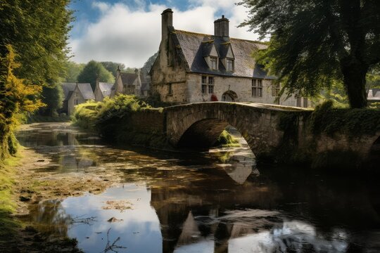 Historic english village with traditional cottages and an arch bridge over a tranquil stream