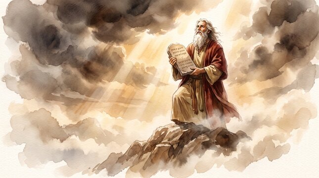 Prophet Moses holds the Ten Commandments stone tablets on Mount Sinai surrounded by golden light and clouds in a watercolor painting.