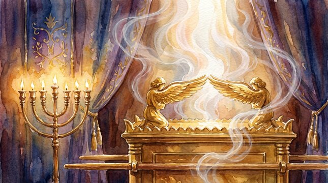 The Ark of the Covenant with golden cherubim stands beside a lit Menorah inside the Holy of Holies in a watercolor painting illustration.