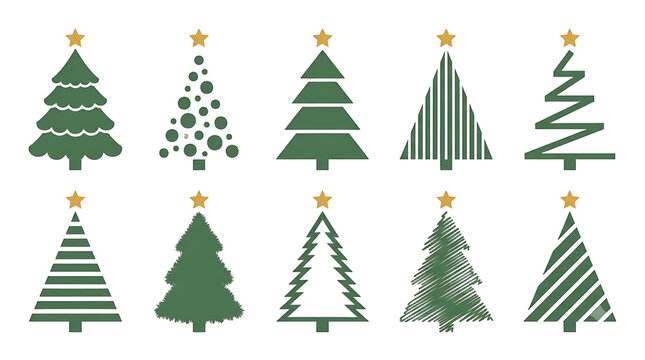 Minimalist Christmas tree icons, set of 10 green pine tree silhouettes with gold stars, modern holiday graphic elements for winter decor