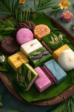 Beautiful flatlay of assorted malaysian kuih including kuih lapis, kuih seri muka and kuih talam on banana leaf. Aesthetic, traditional dessert. Ideal for festive, food and cultural stock