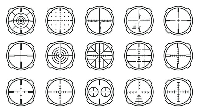 Collection of generic sniper scope reticles and crosshair icons for aiming targets vector illustration