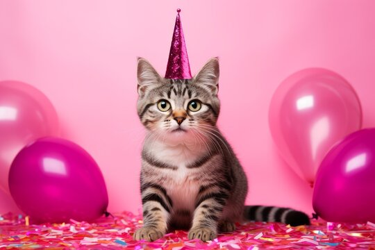 Kitten wearing a party hat sitting on confetti with pink balloons