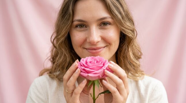A woman holding a pink rose against a pink background.