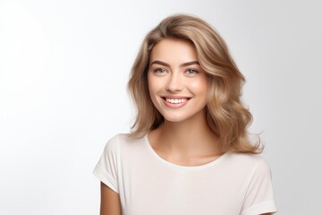 Fototapeta premium Young blonde woman smiling naturally, showing a contented expression on a white background