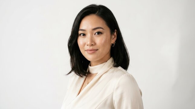 A woman with black hair wearing a white shirt, standing against a plain white background.