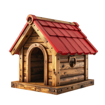 A detailed wooden dog house with a red roof stands against a black background.