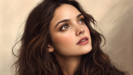 Naklejka premium Close-up portrait of young Middle Eastern woman with wavy dark hair looking thoughtfully sideways