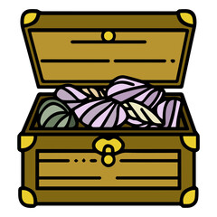 An open wooden treasure chest overflows with a vibrant collection of seashells, suggesting a hidden bounty from the sea, rendered in a flat, graphic illustration style. © DesignINKZ