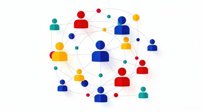 A colorful network of interconnected human icons representing social or professional networking and communication.