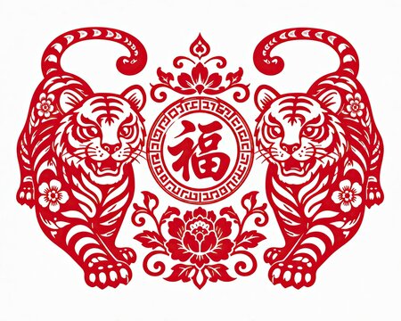 Red paper cut tiger illustration for chinese new year with traditional fortune symbol
