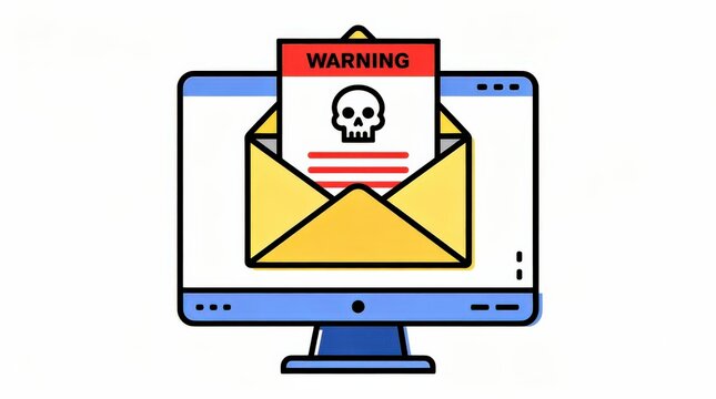 A computer screen displays an open yellow envelope with a warning message featuring a skull, indicating a potential cyber threat or malware alert.