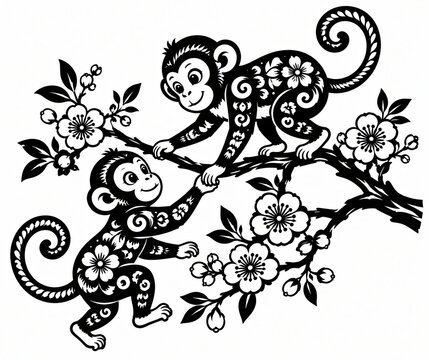 Two cute monkeys playing on a flowering tree branch illustration in black and white