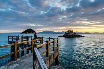 Fototapeta premium Person stands on wooden pier facing calm ocean at dawn. Islands and mountains form horizon line under soft cloudy sky and warm sunrise glow.