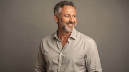 Fototapeta premium A confident middle-aged man with gray hair and beard, wearing a light beige shirt, smiles and looks to the side against a neutral background.