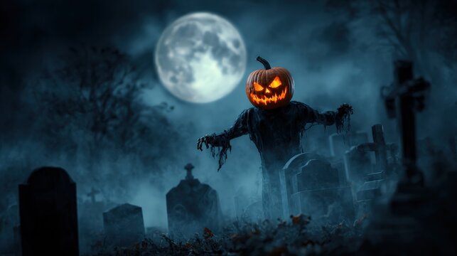 A sinister pumpkin-headed figure looms over a foggy graveyard under a full moon, creating a spooky Halloween atmosphere.