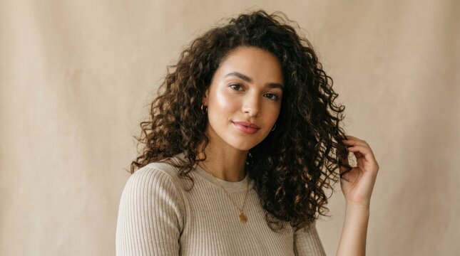 A woman with curly hair wearing a beige sweater, standing in front of a beige background.