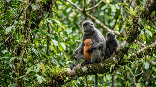 Monkey family resting in tropical canopy. Wild primates sitting on a mossy tree branch.
