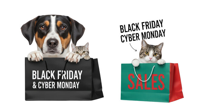 Dog and cat in shopping bags.