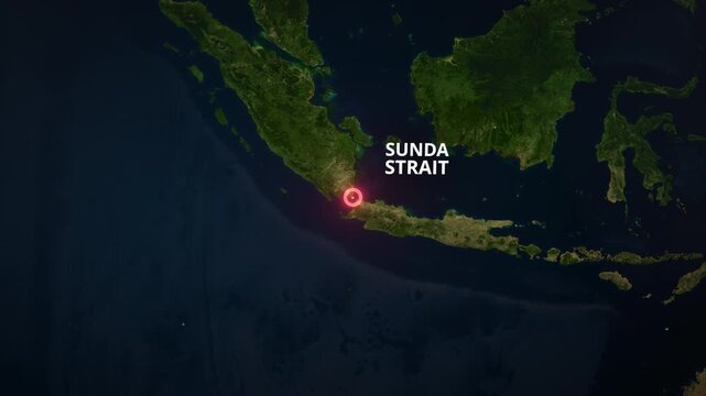 Earth globe zoom to the Sunda Strait, Indonesia, featuring a glowing concentric circle marker, bold typography, and dark satellite map visuals, perfect for a widescreen broadcast opener.
