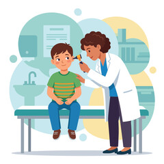 Fototapeta premium Pediatrician examines child's ear with otoscope in doctor's office examination room, vector illustration