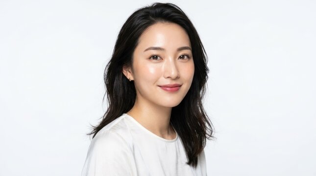 A woman with long dark hair, wearing a white t-shirt, standing against a white background.