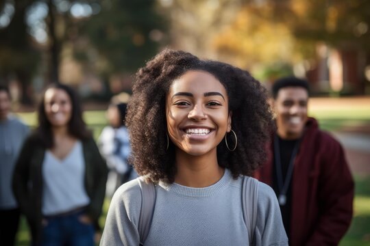Happy african american woman smiling at camera on campus with students in autumn