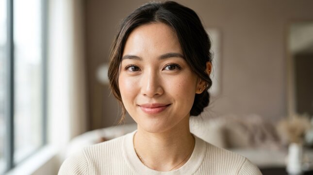 A woman with dark hair wearing a white sweater, standing in a modern, minimalist living room with a large window and a wooden floor.
