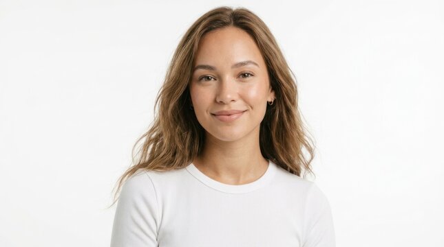 A young woman with long, wavy hair wearing a white top, standing against a plain white background.