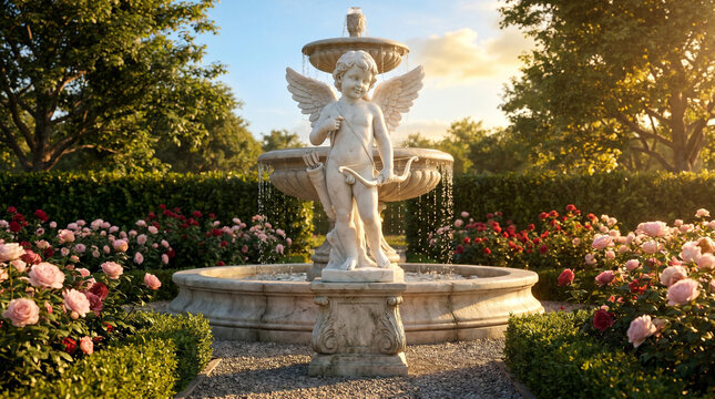 Cupid statue in a romantic classical garden, medium shot with fountain and roses, concept of timeless beauty