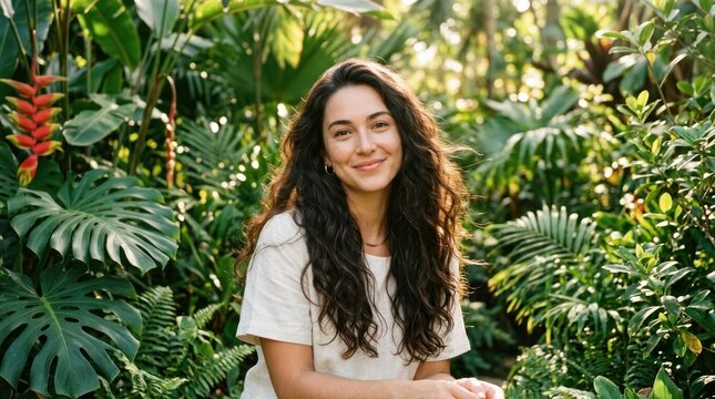 A woman with long, dark hair standing in a lush, tropical garden with large, green leaves and vibrant colors.