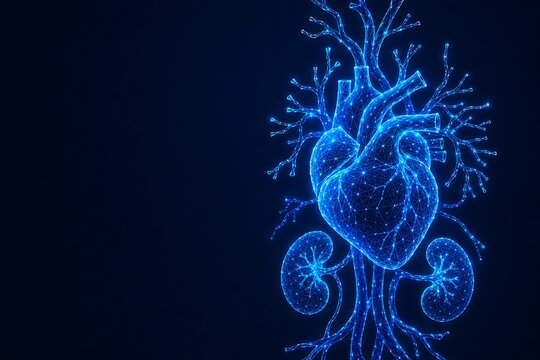 Futuristic digital human circulatory system with heart and kidneys in glowing blue network graphic. world heart day circulatory healthcare technology medicine. world heart day