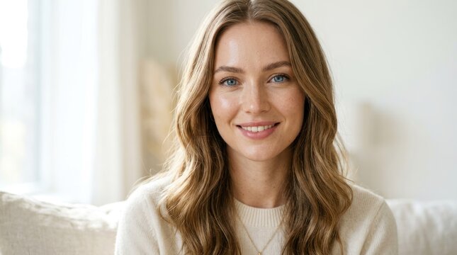 A woman with long, wavy hair sitting on a white couch in a cozy living room.