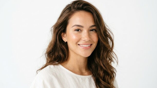 A woman with long, wavy brown hair wearing a white shirt, standing against a white background.