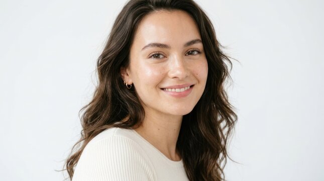 A woman with long, wavy brown hair wearing a white top, standing against a white background.