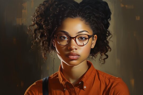 Young woman with curly hair and glasses showing intelligence