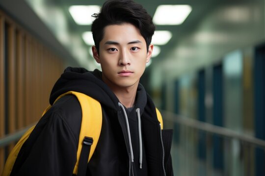 Young asian student wearing a backpack looks seriously at the camera in a school environment
