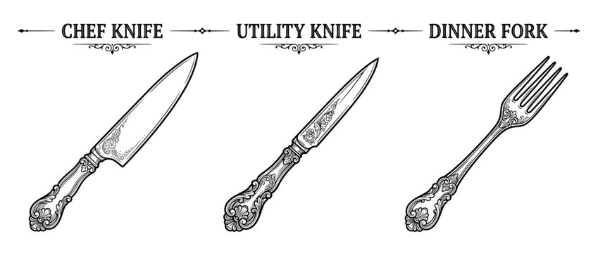 Vintage Kitchen Utensils: Chef Knife, Utility Knife, and Fork